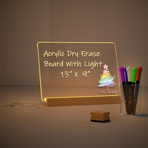 Light Up Clear Dry Drase Board 13 x 9 inch with 5 Markers, Acrylic Lighting Message Memo Note Board for Home/Office/Kitchen/Bedroom