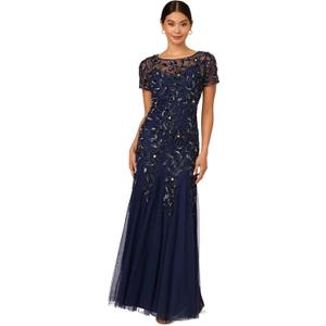 Adrianna Papell Women's Beaded Gown with Godets - Floor Length Gown with Floral Embellishments & Cap Sleeves, size 12 (Blue)