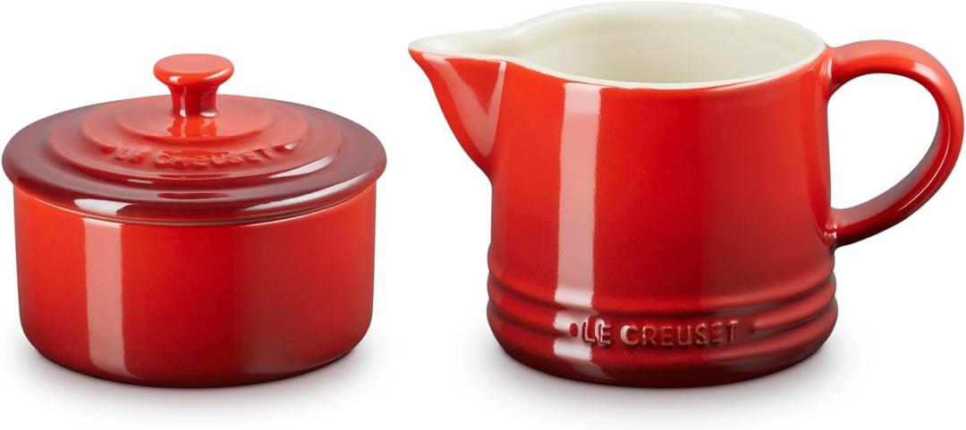 Le Creuset Stoneware Signature Cream & Sugar Set, Cerise, Cream: 300 ml., Sugar: 8oz,