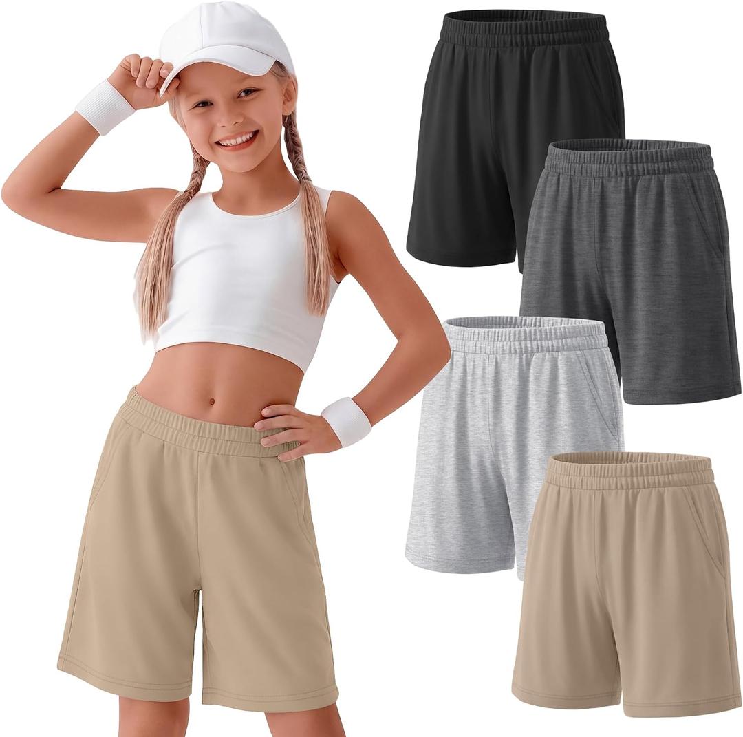 4 Pack Girls Bermuda Athletic Shorts | Girls Knee Length Shorts, Long Shorts, Elastic Waist, Loose Fit, Back to School, Summer Pants, 5-14 Y