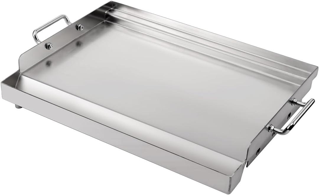 LotFun 17" x 13" Stainless Steel Cooking Griddle for Outdoor Gas Grill, Universal Griddle Flat Top Plate Insert with Grease Groove and Removable Handles for Electric/Charcoal/Gas Grill, Camping,Party
