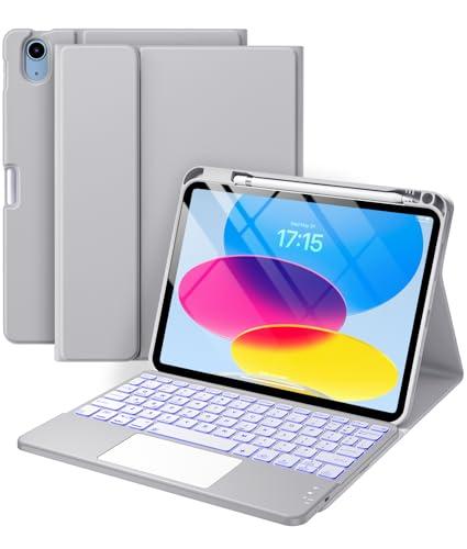 Harvopu Compatible for iPad 11th 10th Generation Case with Keyboard, Folio Cover with Pencil Holder, Multi-Touch Trackpad, 7 Color Backlit, Detachable Keyboard for iPad (A16) 11th/10th Gen (Gray)