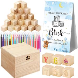 Marsui 136 Pcs Baby Shower Blocks to Decorate Game Kit Includes 98 Wooden Blocks, 36 Markers, 1 Game Sign, 1 Storage Box for Baby Shower Gender Reveal Activity Party Decorations(Blue Bear)