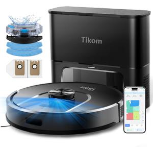 Tikom Robot Vacuum and Mop, 6000Pa Robotic Vacuum Cleaner with Self-Emptying Base, 90 Days Capacity, LiDAR Navigation, Home Mapping, Ideal for Pet Hair, Hard Floors, Carpet (L8000 Plus) Black