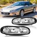 Headlights Assembly Pair for 1998-2002 Chevy Camaro 4th Gen Direct Replacement Halogen Headlamps Driver and Passenger Side, Chrome Housing Clear Reflector