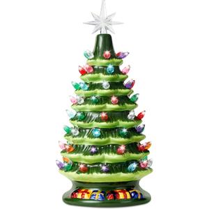 Joiedomi 15" Tabletop Prelit Ceramic Christmas Tree with 70 Multicolor Lights, Hand-Painted Ceramic Tabletop Christmas Tree with Extra Clear Top Star for Xmas Holiday Indoor Decorations (Green)