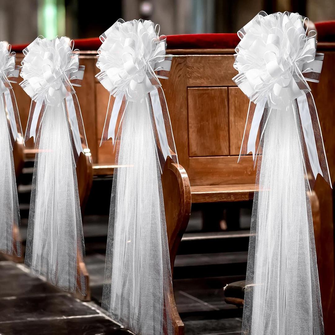 Lyrow 30 Set Large White Wedding Pew Bows Tulle Bows with 47 Fabric Tulle Church Wedding Chair Aisle Decorations for Bridal Shower Reception Birthday Ceremony Mother's Day(White)