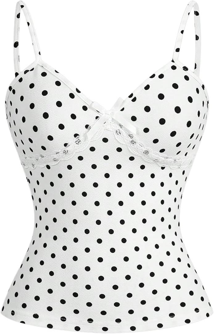 Verdusa Women's Polka Dots Cami Top Bow Lace Y2k Going Out Cute Tops (XL)