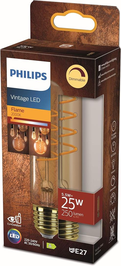 Philips LED Premium Classic Dimmable T32 Gold Light Bulb [E27 Edison Screw] 5.5W - 25W Equivalent, Flame (2000K)