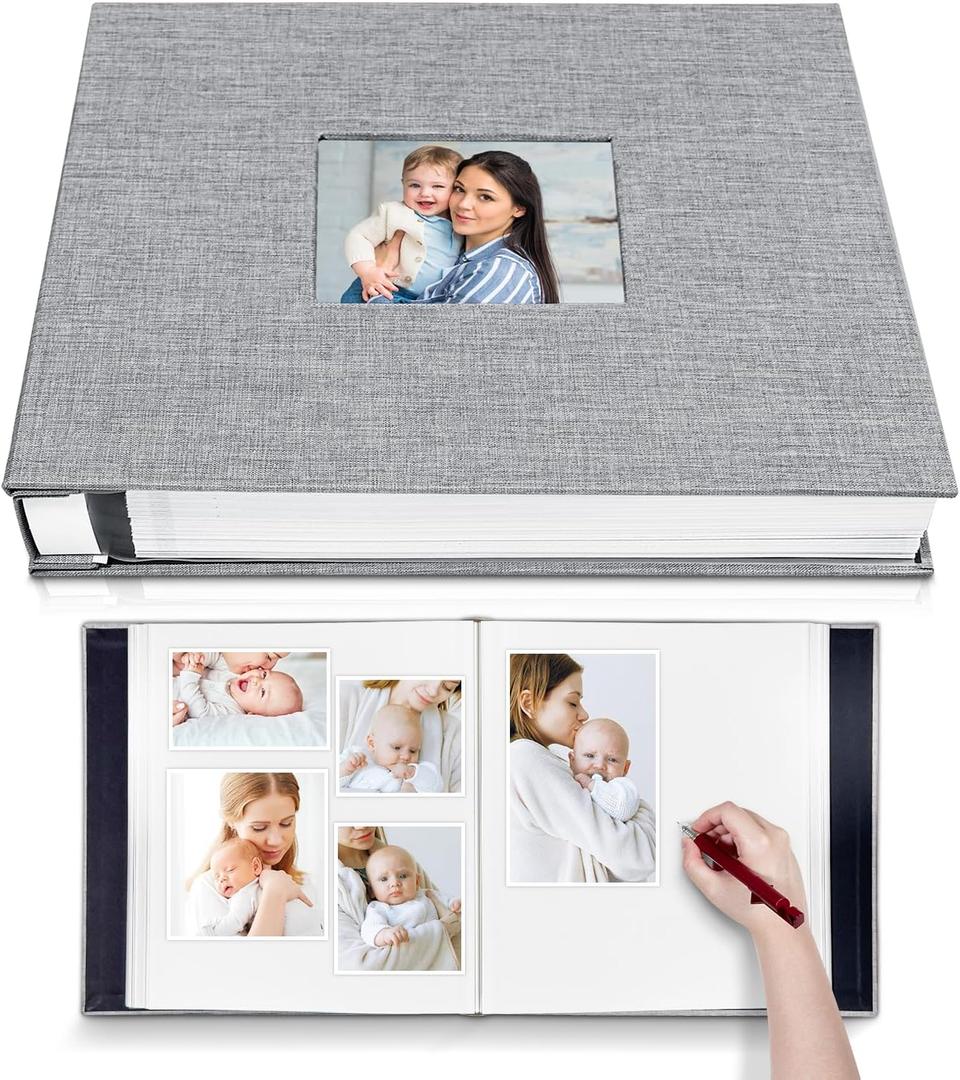 Large Photo Album Self Adhesive with Picture Display Window, DIY Scrapbook Album for 4x6 8x10 Pictures, 40 Pages Linen Cover Memory Book with Scraper and Metallic Pen(Grey)