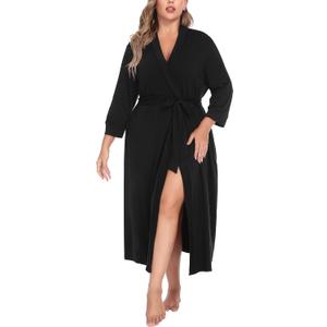 IN'VOLAND Womens Plus Size Kimono Robes Long Knit Bathrobe V Neck Ladies Loungewear Lightweight Soft Sleepwear (Black, XXL)