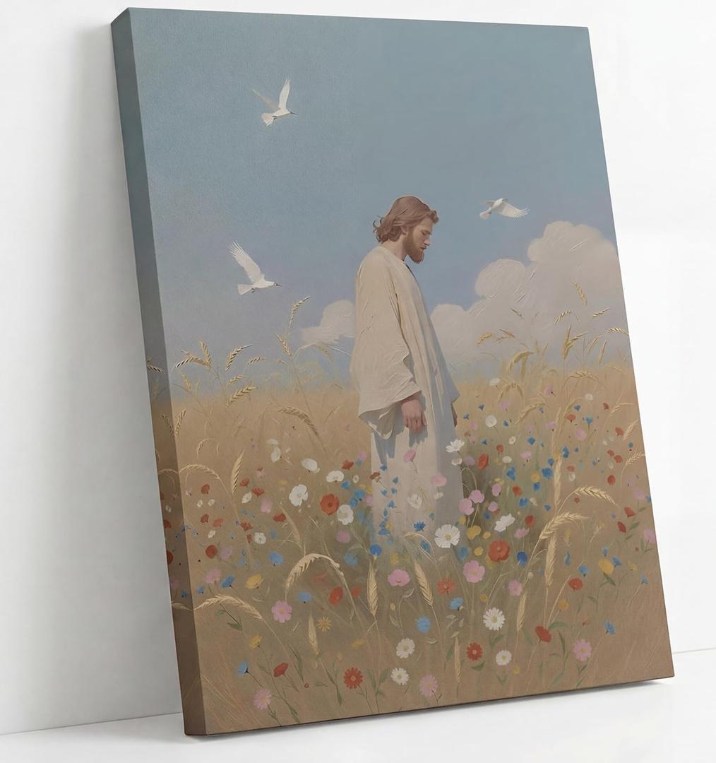 Jesus Leaves the 99 Sheep Canvas Wall Art Jesus in Wildflower Field Wall Decor Picture Christ Spiritual Faith Poster Print for Living Room Bedroom Church Paintings Decoration Prepare To Hang (16"L x 12"W)