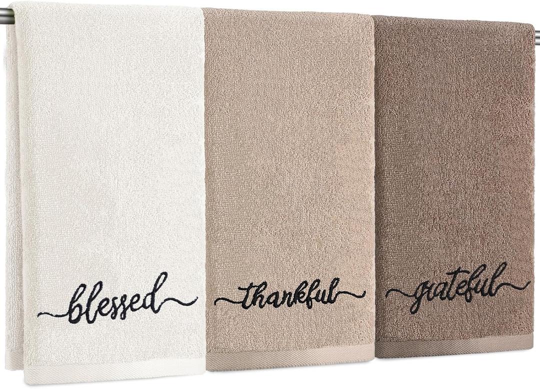 3 Pcs Brown and White Fingertip Towels 100% Cotton Fall Farmhouse Bathroom Hand Towels 12 x 18 in Decorative Embroidery Blessed Thankful Grateful for Thanksgiving Gift Home Decor