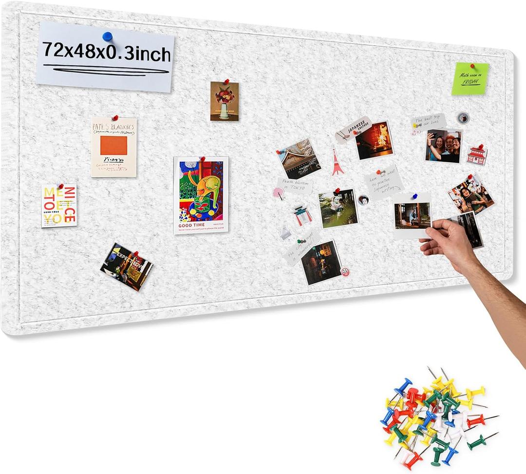 Foldable Bulletin Board, 72x48 Inch Cork Board Alternative, Felt Pin Board for Wall Mounting, Photo Board Self-Adhesive Surface, Vision Board Decoration for Office, Home, Classroom, 35 Pushpins, Gray