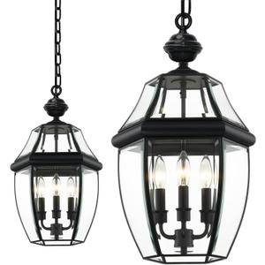 3-Light Outdoor Pendant Light, 20 Inch Black Waterproof Porch Lantern, Modern Hanging Light with Clear Glass, Weather Resistant for Front Door, Patio, Gazebo