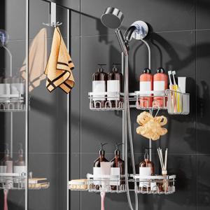 Shower Caddy Hanging with Door Hook - Split Design for Handheld Showerheads, Rustproof Over The Showerheads Bathroom Organizer with Hooks Soap and Toothbrush Holder, Bathroom Accessories Silver