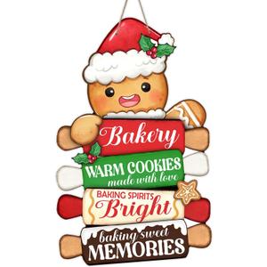 Christmas Gingerbread Man Front Door Sign, Xmas Cookie Baking Spirits Bright Wood Hanger Bakery Home Kitchen Decor, Winter Holiday Rolling Pin Wooden Wreath Indoor Wall Hanging Decoration