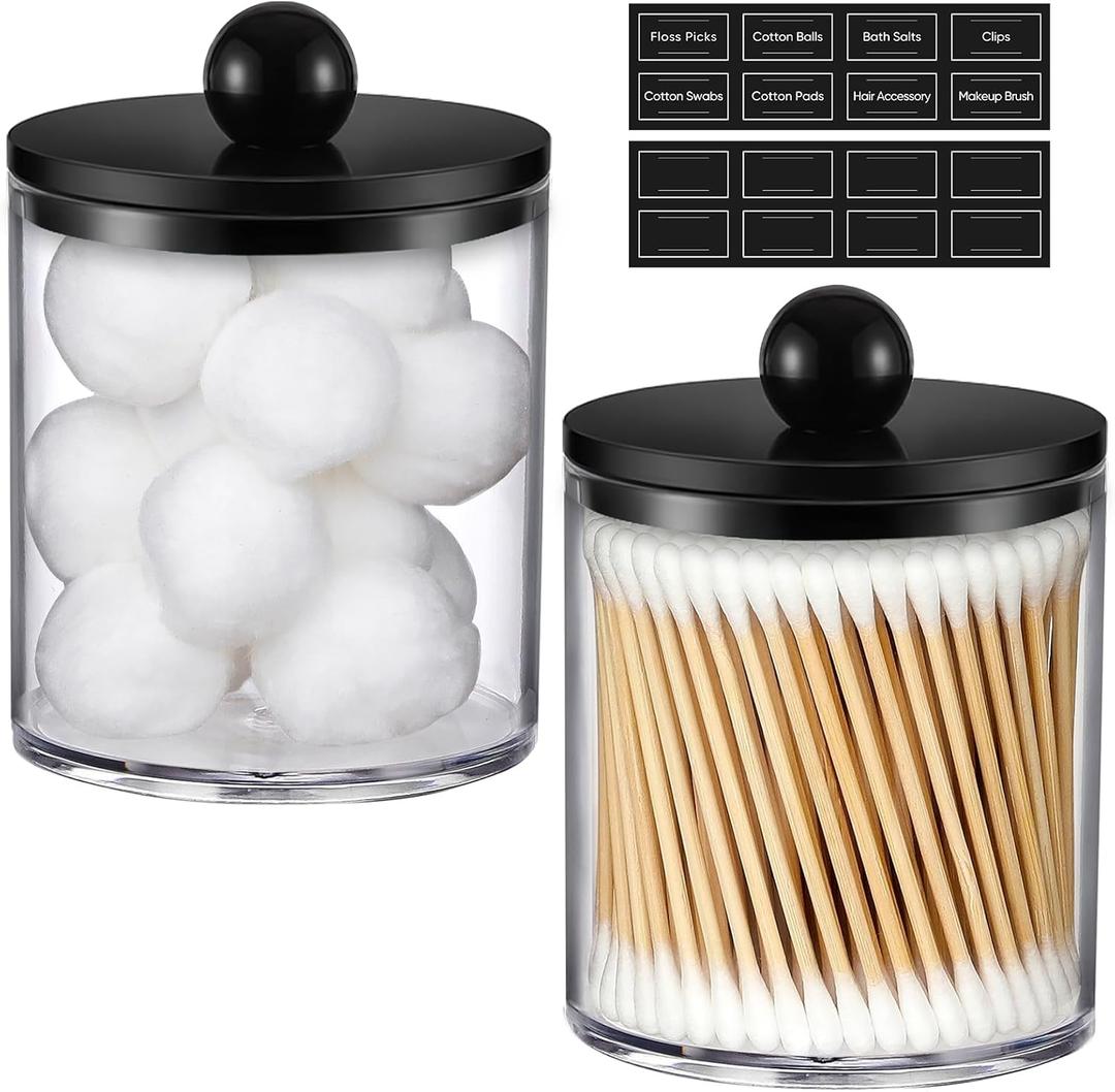 2 Pack Acrylic Qtip Holder Dispenser for Cotton Swabs, Balls, Pads, Floss - Plastic Canister Apothecary Jar Set, Bathroom Essentials Accessories Decor Vanity Makeup Storage Organizer - Clear & Black