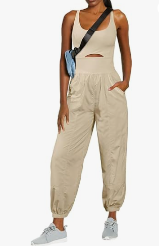 ReachMe Womens Running Onesie Athletic Romper Pants Hiking Outfits One Piece Workout Jumpsuits with Pockets (X-Small, Beige)