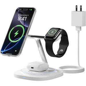 3 in 1 Magnetic Wireless Charger for Apple - Fast Charging Station Compatible with MagSafe for iPhone17-12, Apple Watch& AirPods, Phone and Watch Charger Stand for Desktop Bedside Nightstand (White)