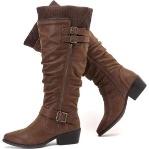 Luoika Women's Extra Wide Calf Knee High Boots, Wide Width Plus Size Knee-High Boots Low Stacked Heel Winter Fall Tall Boots. (Brown1013)