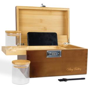 Large Bamboo Storage Box with Combination Lock, Removable Organizer Tray & Airtight Jars | Decorative Home Office Organizer for Supplies, Keepsakes & Accessories | Elegant Gift Set (Brown) (10.6"L x 7.1"W x 5.5"H)