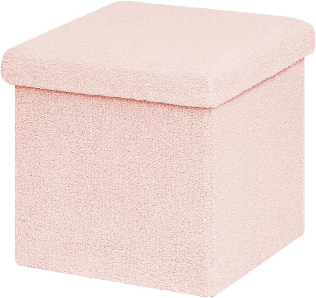 B FSOBEIIALEO Small Storage Ottoman Cube Sherpa Ottomans Foot Rest, Foldable Boucle Ottoman, Faux Teddy Fur, Pink 12.6"x12.6"x12.6"