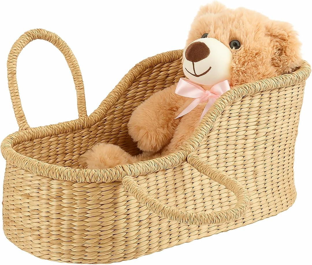 Doll Bassinet Handwoven Seagrass Moses Basket Portable Doll Carrier Natural Wicker Bassinet for Plush Bears, Shower Gift Decor, Photo Prop, Diaper Caddy
