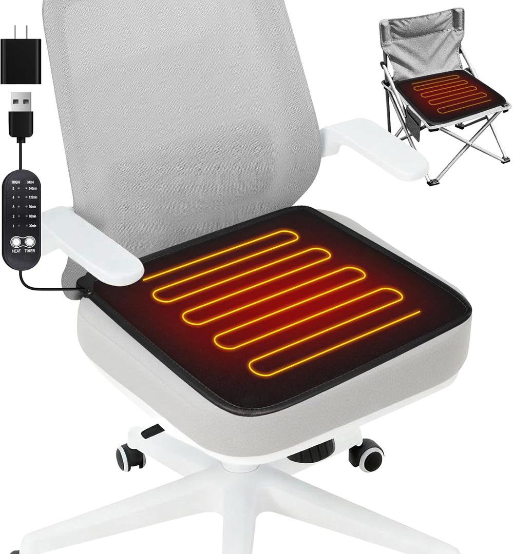 USB Heated Seat Cushion - 5V Portable Stadium Chair Heating Pad with 5 Heat Setting & 4H Timer - Light&Foldable for Travel Warmth-Universal Outdoors Seat Warmer for Office,Home,Bleachers