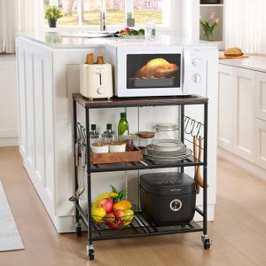 Rolling Kitchen Microwave Cart, 3 Tier Microwave Stand with Storage, Small Kitchen Island on Wheels, Wood and Mental Kitchen Shelf Rack, Black Organizer for Living Room, Office, Balcony