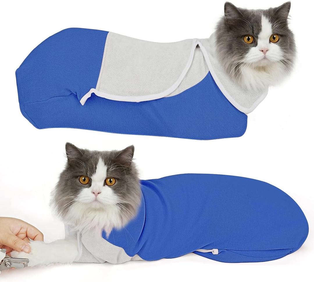Pawfun Cat Wrap for Cutting Nails, Self-Adhesive Cat Nail Clipping Restraint Bag, Anti-Scratch Cat Grooming Wrap Swaddle for Meds, SubQ Fluids, Ear Cleaning, Teeth Brushing & Vet Visits,Blue,S
