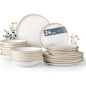 AmorArc Ceramic Dinnerware Sets for 6, 24Pcs Plates and Bowls Sets Dishes | Stoneware Handmade Reactive Glaze Dinner Set, Highly Scratch Resistant | Dishwasher & Microwave Safe Dishware