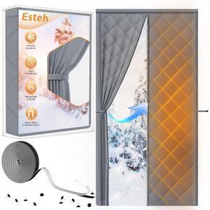 Magnetic Thermal Insulated Door Curtain for Winter Fits Door Size 36" x 82", Temporary Thermal Door Cover for Cold with Thickened Cotton, Window Insulation Kit for Sliding Glass Doorways - Gray