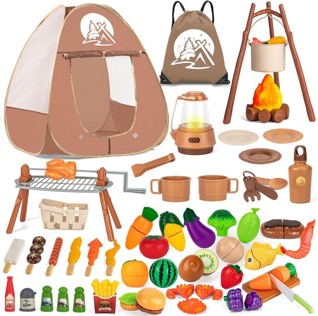 80PCS Kids Camping Toys Set with Play Tent Campfire Toys,Toy BBQ Grill Set,Pretend Cutting Play Food Set for Kid Kitchen, Indoor Outdoor Toys Pretend Playset for Toddler,Gifts for Boys Girls