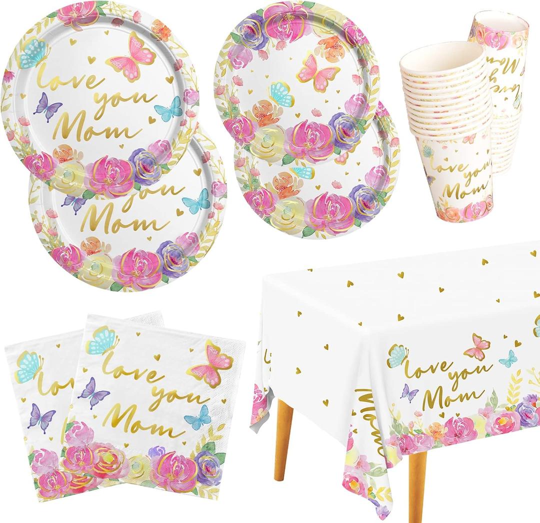 Mother's Day Party Decorations, Serve 25, Happy Mothers Day Pack Includes: Paper Dinner Plates, Dessert Plates, Luncheon Napkins, Cups and Tablecloth for Happy Mother's Day Decorations