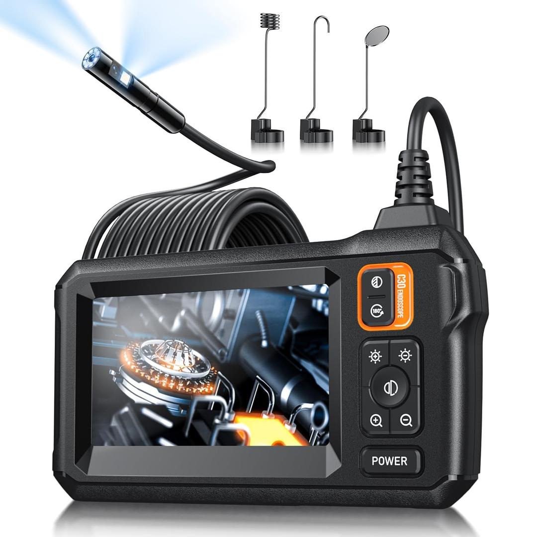Endoscope Camera with Light, Inspection Borescope Camera with 4.3" IPS Screen, 1920P HD with 8 LED Lights, 16.5FT Semi-Rigid Cord Bore Scope, IP67 Waterproof Endoscope for Sewer, Dual Lens(Orange)