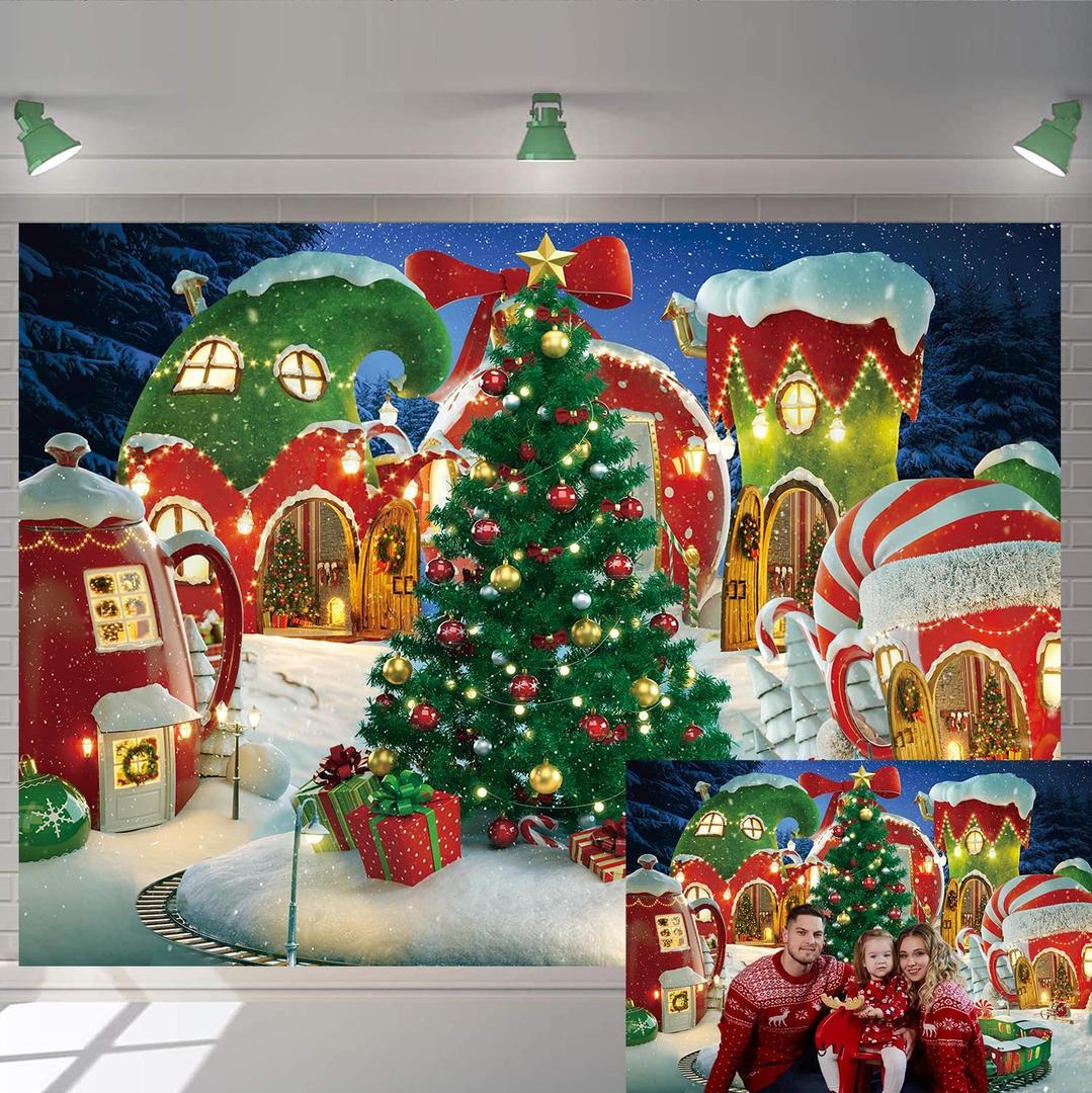 Cartoon Christmas Village Photography Backdrop Winter Snow Pine Tree Background Xmas Fairy Tale Animated Kid Party Photo Booth Banner Supplies (10x8)