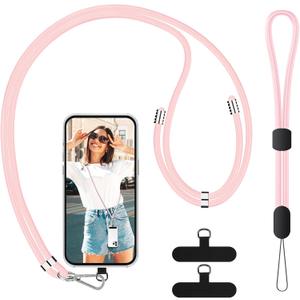 SS Cell Phone Lanyard, Adjustable Phone Lanyard Crossbody Neck Strap & Phone Wrist Strap with 2 Phone Tether Patches for Most Smartphones, Light Pink