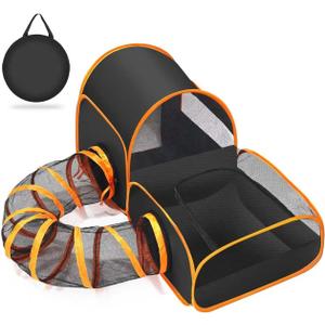 Portable Cat Playpen with Surround Tunnel, 2-Linked-Enclosed Areas, Ideal Cat Tent Outdoor or Cat Playpen for Indoor Cats Enclosed.Breathable Mesh Design for Indoor & Outdoor Use(Black)