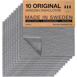 SUPERSCANDI 10 Pack Swedish Dishcloths for Kitchen - 100% Biodegradable & Compostable Reusable Paper Towels Washable, Food-Safe & Without Plastic - Dish Rags Suitable for Any Surface, Grey
