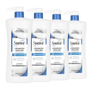 Suave Advanced Healing Hand & Body Lotion for Women With Ceramides for Very Dry Skin, Hydrating, Non-Greasy, Allergen-Free Moisturizing Cream, Lightly Scented, 28 FL OZ Pump, 4 Pack