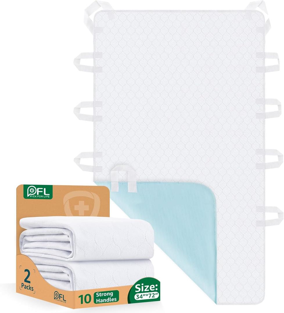Incontinence Bed Pads Washable: Waterproof Bed Pads for Elderly with 10 Handles,2 Pcs 34"x72" Reusable Bed Underpads, Positioning Bed Pads for Incontinence Adult, Bedwet,Kids,Bedridden,Hospitals