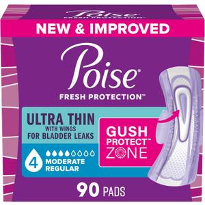 Poise Ultra Thin Incontinence & Postpartum Pads with Wings for Bladder Leaks, 4 Drop Moderate Absorbency, Regular Length, 90 Count