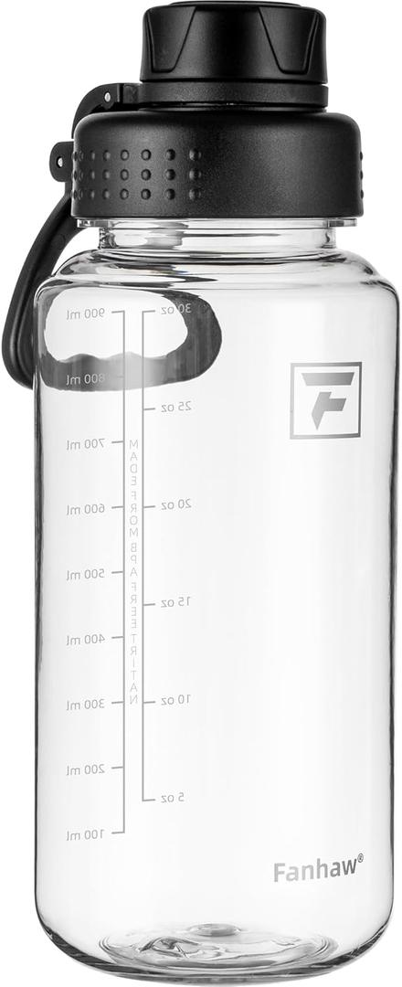 Fanhaw 32 oz Clear BPA-Free Tritan Water Bottle with Fast-Flow Spout Lid, Leakproof Wide-Mouth Reusable Bottle for Gym, School & Office (Clear&Black)