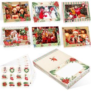 Funrous 48 Set Christmas Photo Cards with Envelopes Stickers Christmas Card with 4 x 6 Photo Insert Picture Frame Holder DIY Crafts for Xmas Party Favors Gift Holiday Greeting Supplies(Vintage)