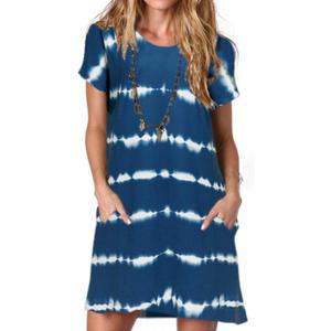 Alaster Womens Casual Summer T Shirt Dress Loose Short Sleeve Tunic Dress with Pocket for Women (X-Large, Blue Wavy Striped)