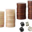 Amerous Wooden Checkers Pieces Nature Wood Backgammon Pieces with Drawstring Bag, 5 Dices Included