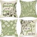 Fahrendom Hello Spring Green Decorative Throw Pillow Covers 18 x 18 Set of 4, Bloom Daisy Flower Leaves Porch Patio Outdoor Pillowcase, Floral Seasonal Sofa Couch Cushion Case Home Decor