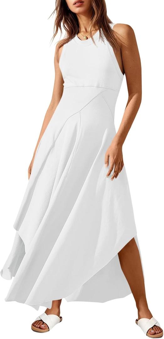 Fisoew Womens Summer Sleeveless Maxi Dress Asymmetrical Hem Crew Neck High Waist A Line Flowy Casual Long Beach Dress (White, M)