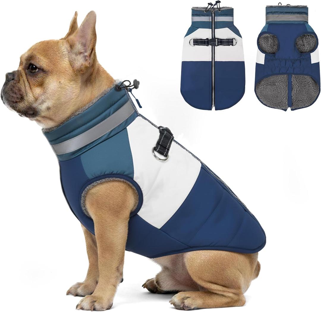 azuza Dog Jacket for Small Dogs Waterproof Dog Coat with Reflective Strips and Harness Built in Warm Fleece Dogs Winter Coat Windproof with Back Zipper, Navy L